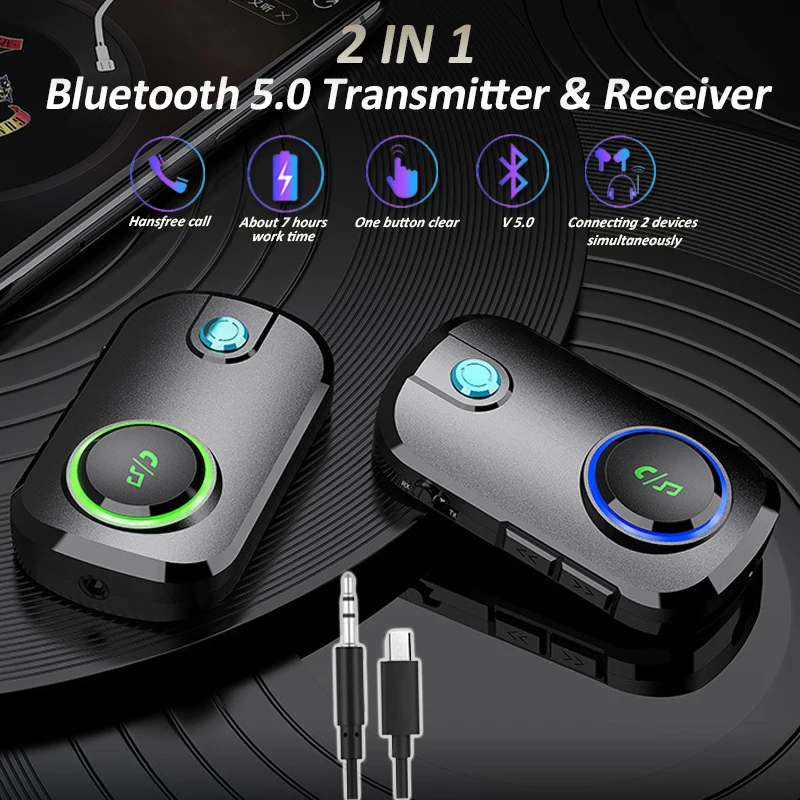 2 İn 1 Bluetooth 5.0 kablosuz AV alıcısı-vericisi Alıcı Handsfree MP3 Çalar 3.5 mm Jack Aux Kablosuz Adaptör TV PC İçin Araba FM Adaptörü