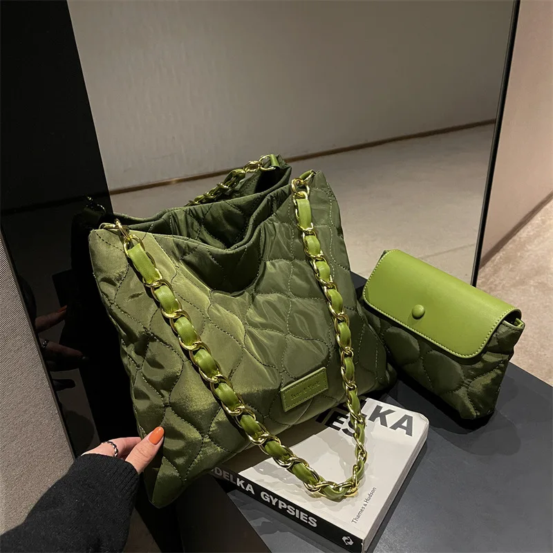 2 Takım Yan omuz çantaları Kadınlar için Tasarımcı Kapitone Yumuşak Kumaş Çanta ve Çantalar Trend Büyük Fermuarlı Bez El Tote Çanta Lüks