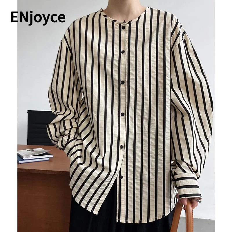 2023 Bahar Kadın Casual Ekip Boyun Çizgili Gömlek Kadın Uzun Kollu Bluzlar Kore Rahat Gevşek Yaka Gömlek İş Giysisi