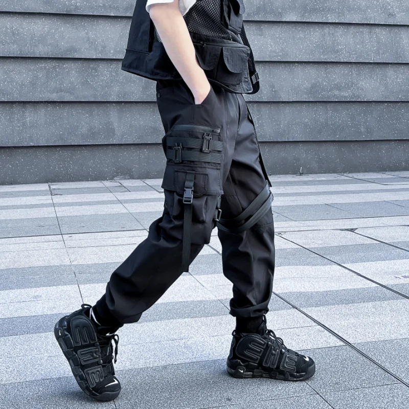 2023 Bahar Kore tarzı benzersiz cep tasarım kargo pantolon erkekler rahat gevşek siyah ışın takım pantolon erkekler için pantolon,boyut M-3XL