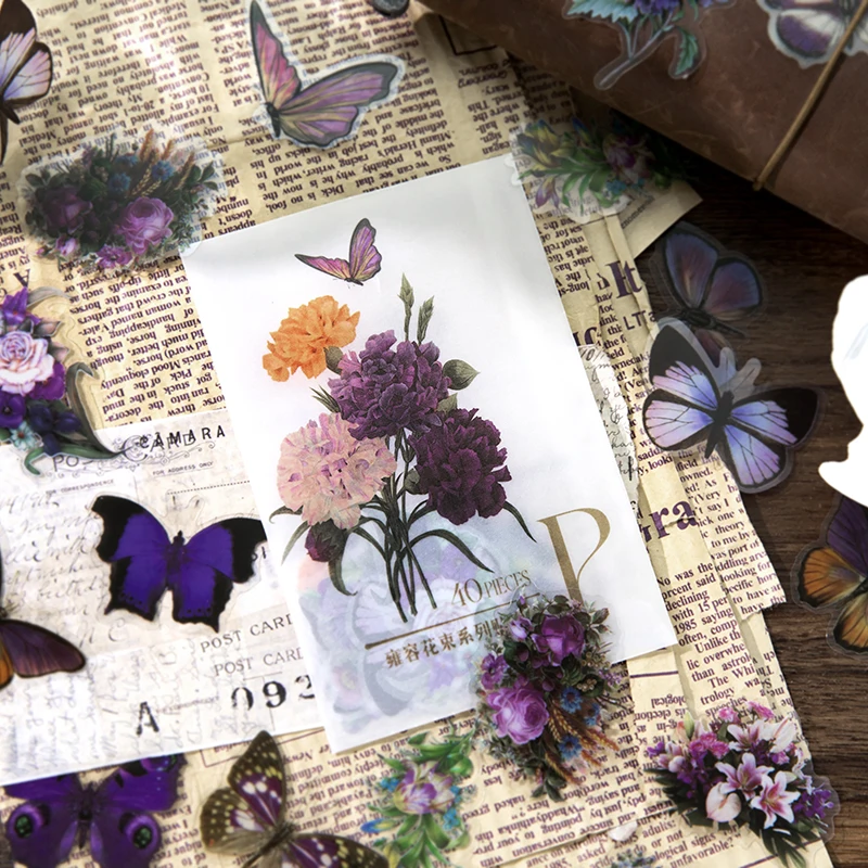 40 Adet Vintage Kelebek Buket PET Etiket Paketi DIY Günlüğü Önemsiz Günlüğü Dekorasyon Sanat Çiçek Etiket Çıkartmaları Albümü Scrapbooking