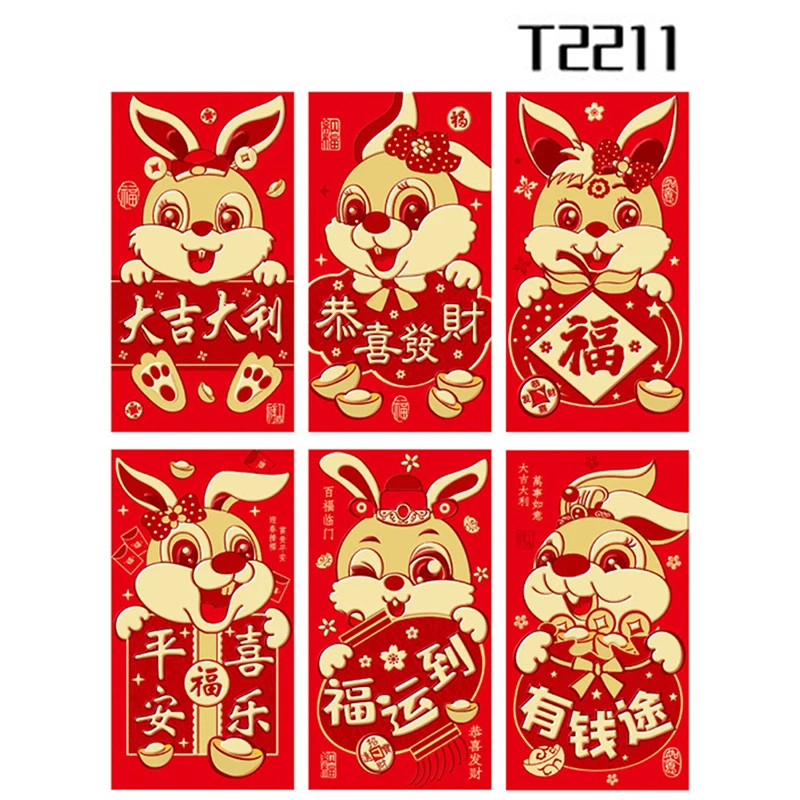6 adet Çin Yeni Yılı 2022 Kırmızı Zarflar Yıl Kırmızı Paket Yeni Yıl Bahar Festivali Tavşan Para Çantası Hongbao Kırmızı Hediye Zarfı