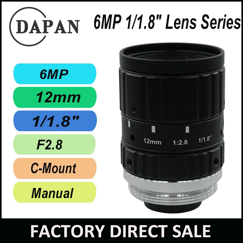6MP 12mm Sabit Odak Manuel Iris FA Lens F2. 8 / 1 / 1 8 İnç C Montajlı Makine Görüş Lensi