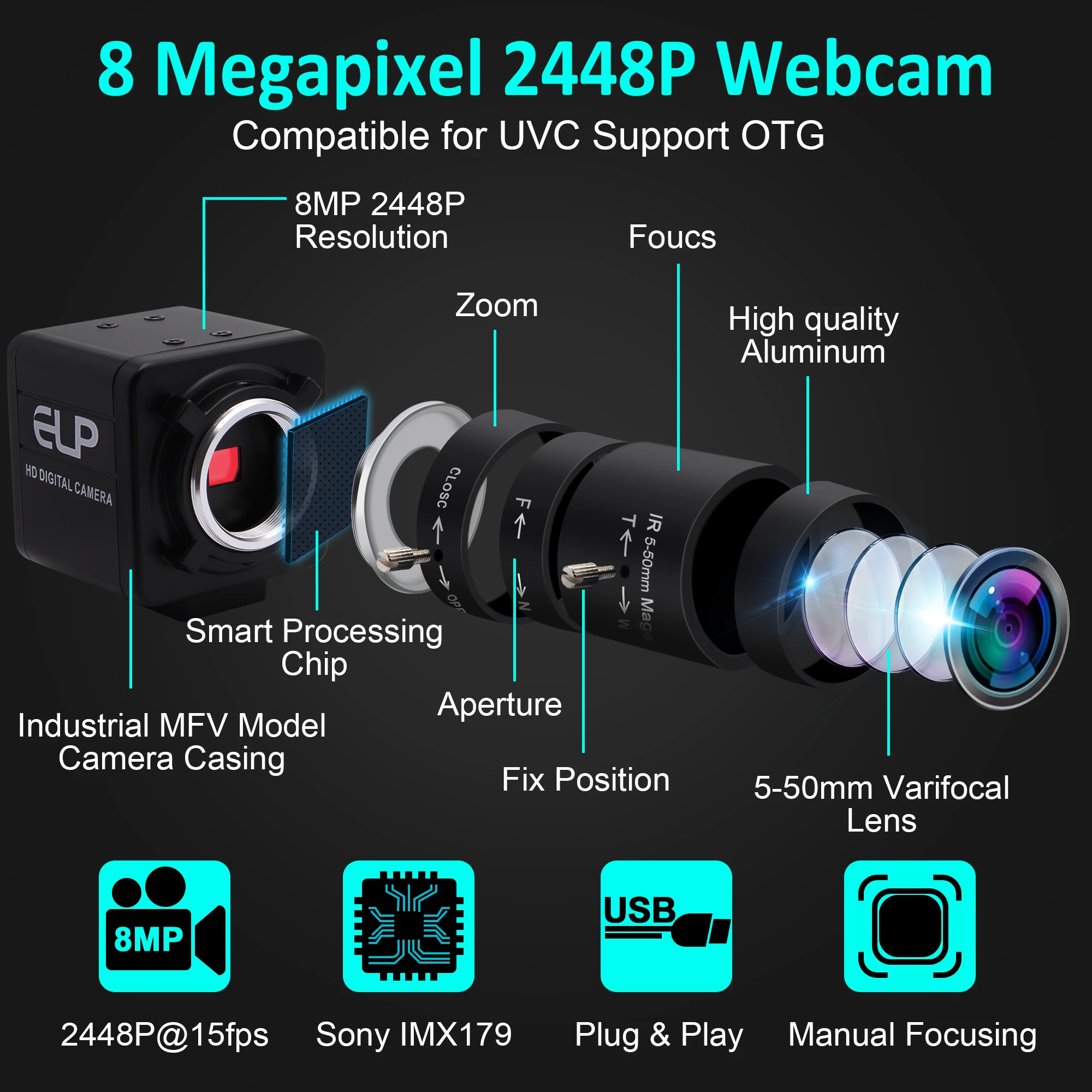 8MP 3264X2448 USB Kamera Makinesi Görüş Kamerası IMX179 2.8-12mm Değişken Odaklı CS Lens Kutusu Gözetim USB Endüstriyel Kamera