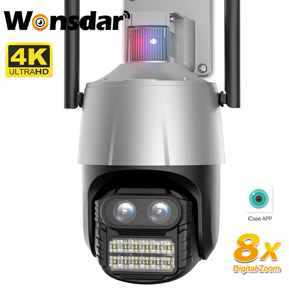 8MP 4K WiFi Kamera İle hırsızlık siren alarmı Çift Lens 8X Dijital yakınlaştırma kamerası Gece Görüş Aı Algılama Güvenlik CCTV IP Kamera