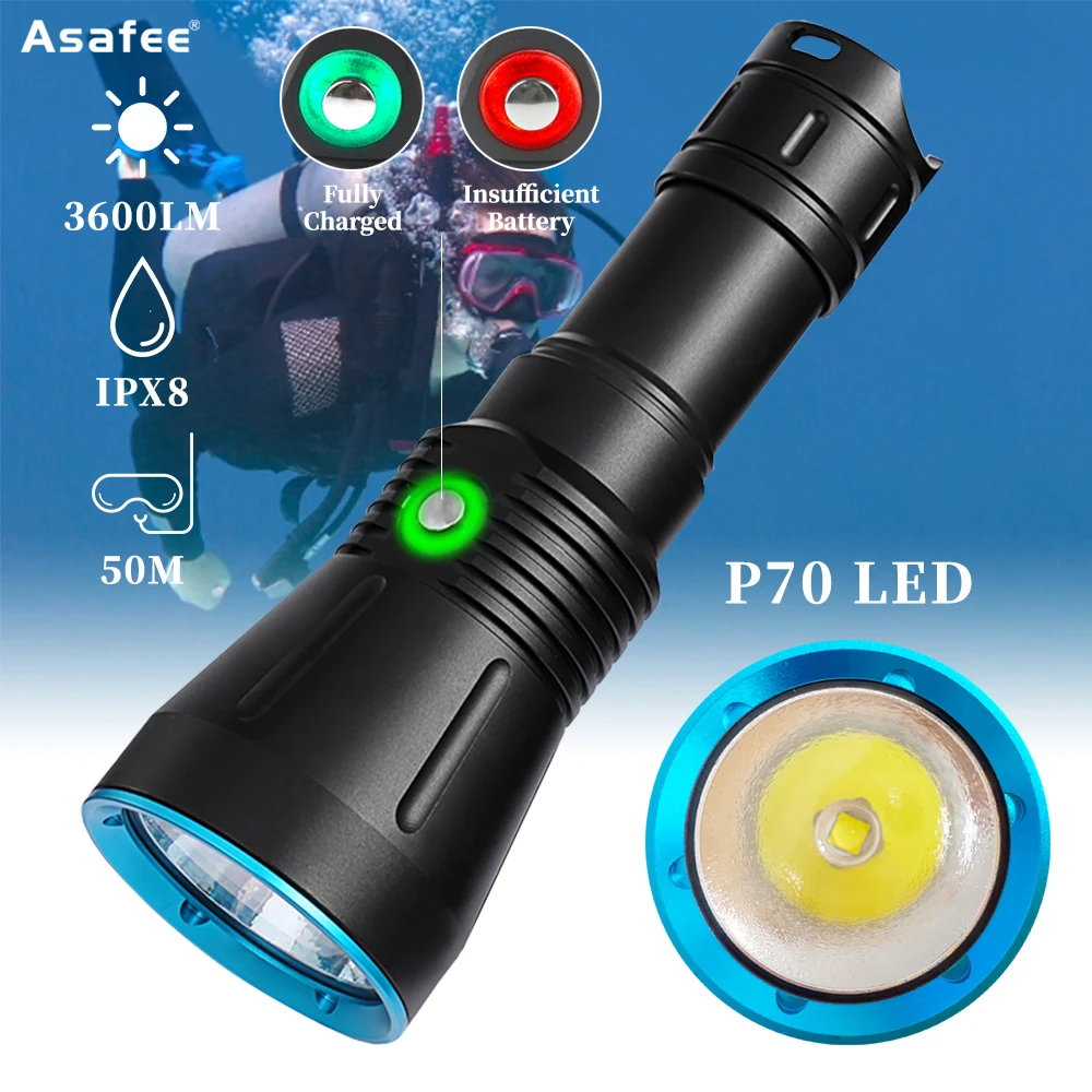 Asafee P70 LED Lamba Boncuk Dalış El Feneri 3600LM Güç Göstergesi İle Profesyonel Su Geçirmez Eğlence dalış ışığı