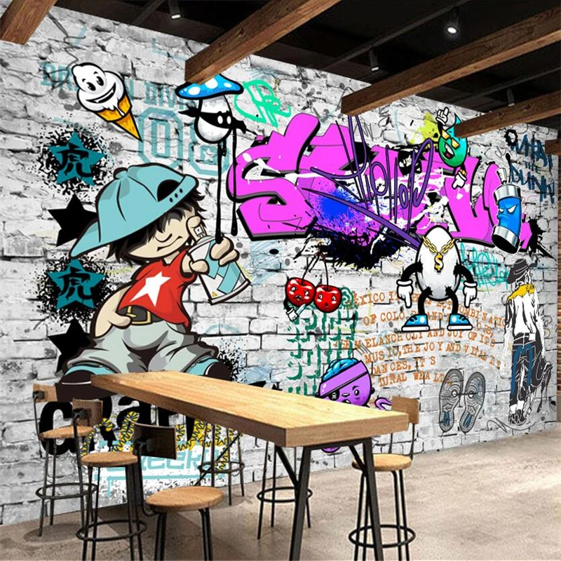 beibehang Özel Duvar Kağıdı Moda Stil Trend Sokak Sanatı Grafiti Tuğla Duvar Arka Plan Duvar Kağıdı Restoran Dekor