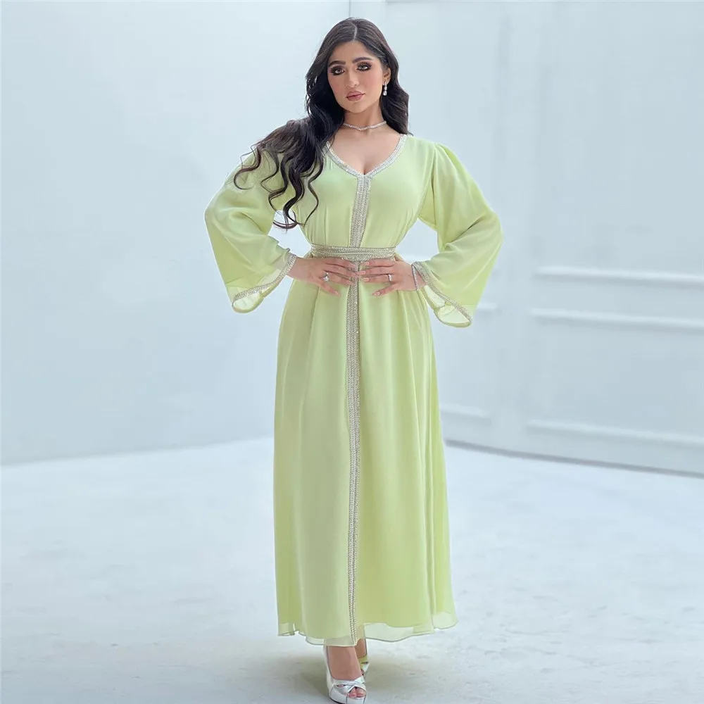 Boncuk Şifon Jalabiya Kaftan Dubai Suudi Elbise Arapça Elbise Djellaba Fas Kadınlar İslam müslüman uzun elbise Eid Ramazan Kaftan Elbise