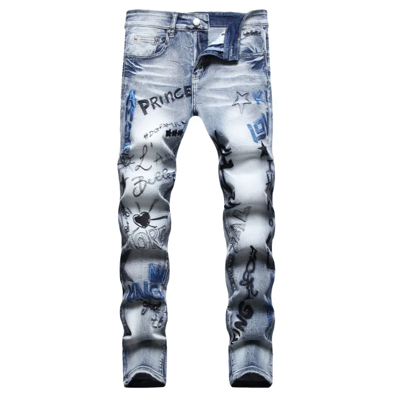 Denim Kot Erkekler Açık Mavi Nakış Lüks Slim Fit Pantolon Sıkıntılı Biker Kot Elastik Garffiti Düz Pantolon Hip Hop