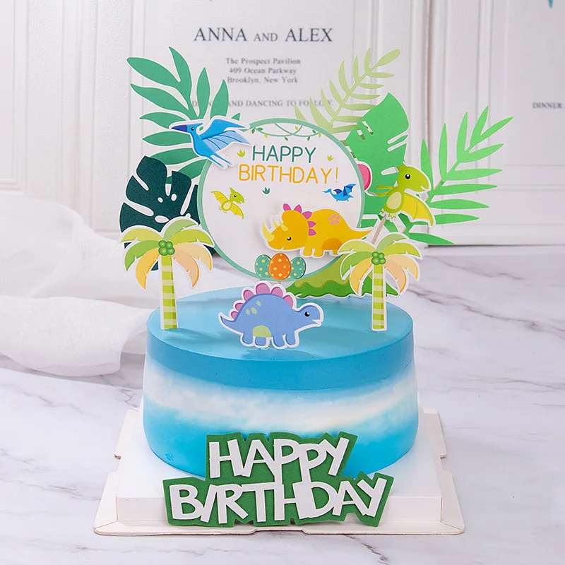 Dinozor Tema Kek Toppers Cocount ağaç dekor Mutlu Doğum Günü Pastası Dekor Bebek Duş Malzemeleri Ev DIY El Sanatları Düğün Dekorasyon