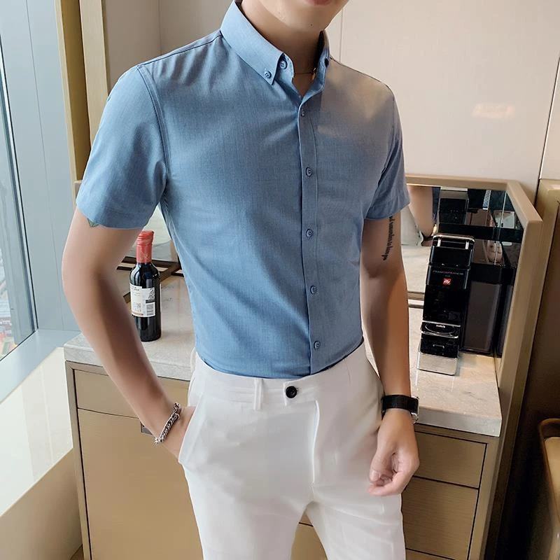 Düz Gömlek ve Bluzlar Erkekler için Kas Giyim Kısa Kollu Erkek Üstleri Asya Düğme Xxl Kollu Lüks Serin Estetik Yaka