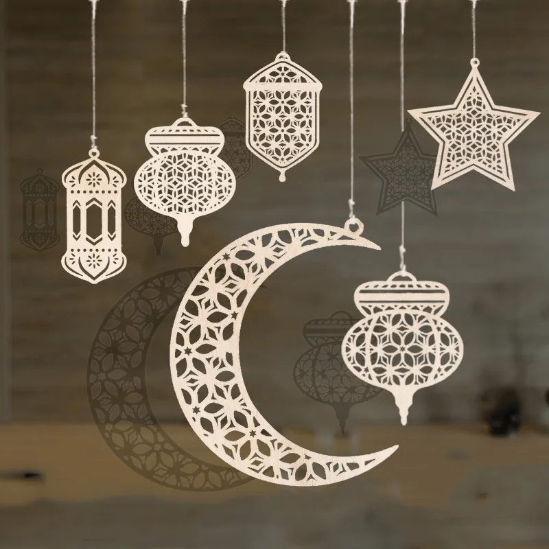 EİD Mubarak Ahşap Yıldız Ay Asılı Kolye İçin Dize İle Müslüman Ramazan Kareem Ev Partisi Dekorasyon