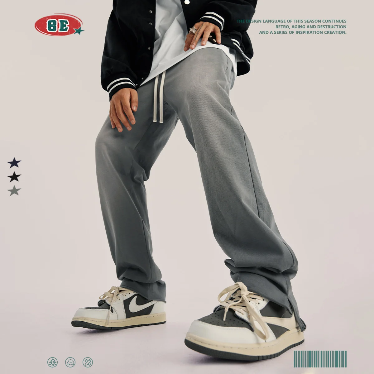 erkek giyim / 2023 dört sezon moda marka yüksek sokak pantolon bacak maymun eski tasarım bölünmüş ince pantolon erkekler