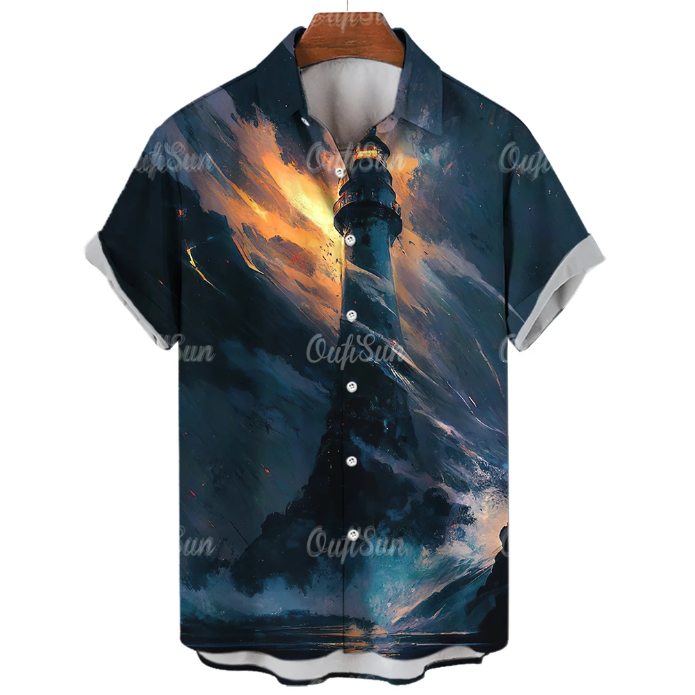 Erkek gömleği Yaz Moda Giyim Ada Deniz Feneri 3d Baskı Desen Erkek Kısa Kollu Yaka Gömlek Büyük Boy Sıcak Satış Tops