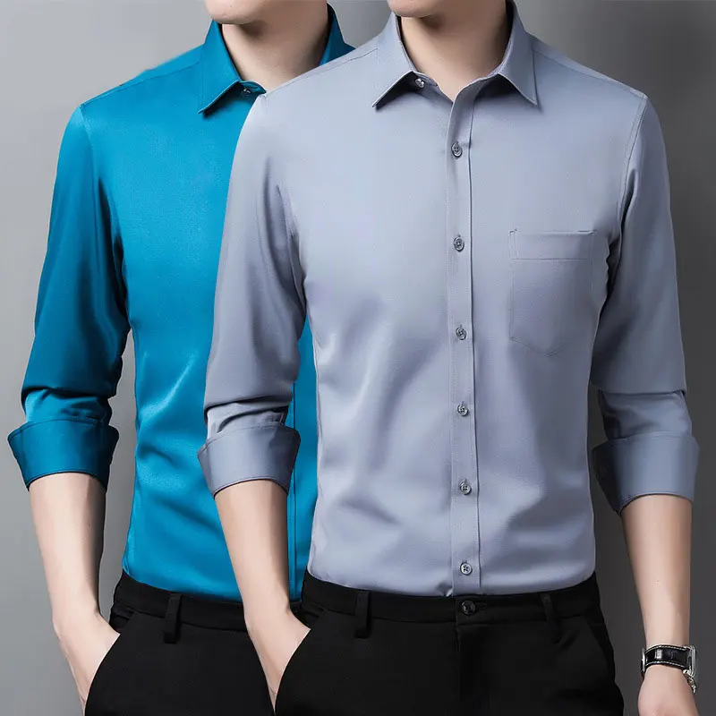Erkekler İş Gömlek Düz Renk Moda Rahat İnce Beyaz Uzun Kollu Gömlek Erkek Marka Giyim Elastik Anti-kırışıklık Olmayan demir