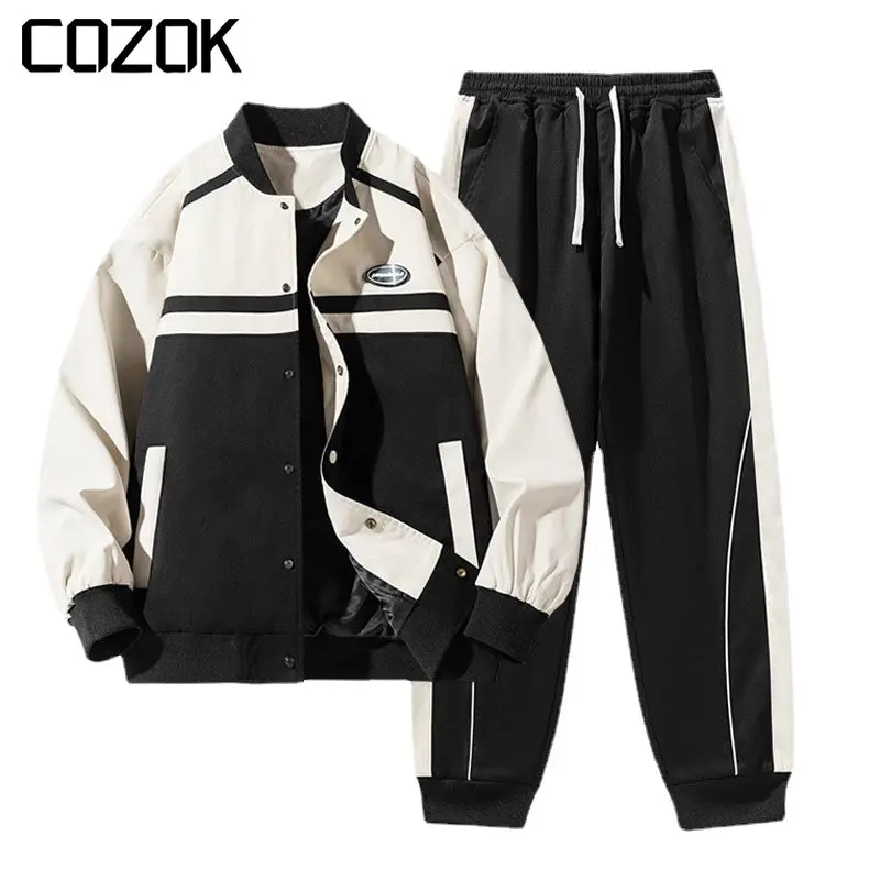 Erkekler kolej ceketi + Pantolon Rahat Spor Setleri Moda Patchwork Boy Beyzbol Takım Elbise Unisex Bahar Standı Yaka Spor