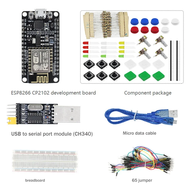 ESP8266 CP2102 Nodecu Lua V3 ESP-12E Siyah Geliştirme Kurulu + Bileşen Paketi + USB Seri Port Modülü + 65 Jumper + ekmek tahtası