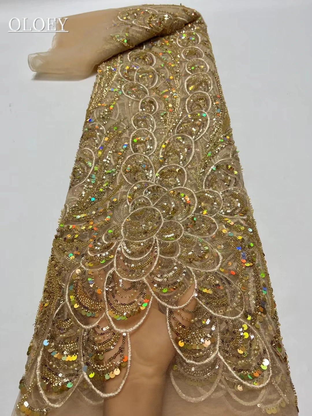 High-End Lüks Nakış Damat Podyum Dantel Kumaş Afrika Nijeryalı Pullu Kumaş düğün elbisesi