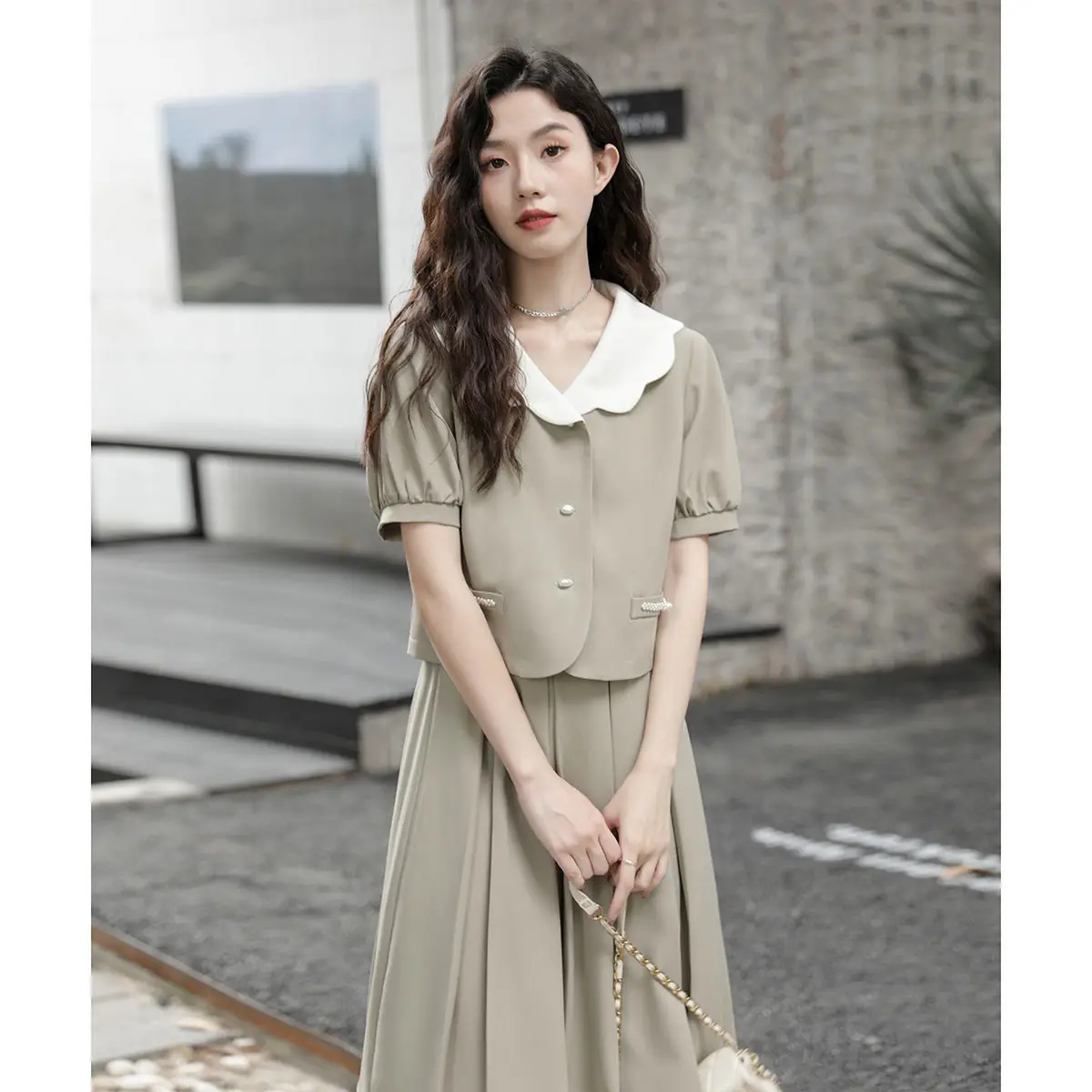 Kadın Yaz Vintage pamuklu etek 2 İki Parçalı Setleri Kıyafetler Kadın Kısa Kollu Blazer Takım Elbise Üstleri + Yüksek Bel Uzun Etekler Q76
