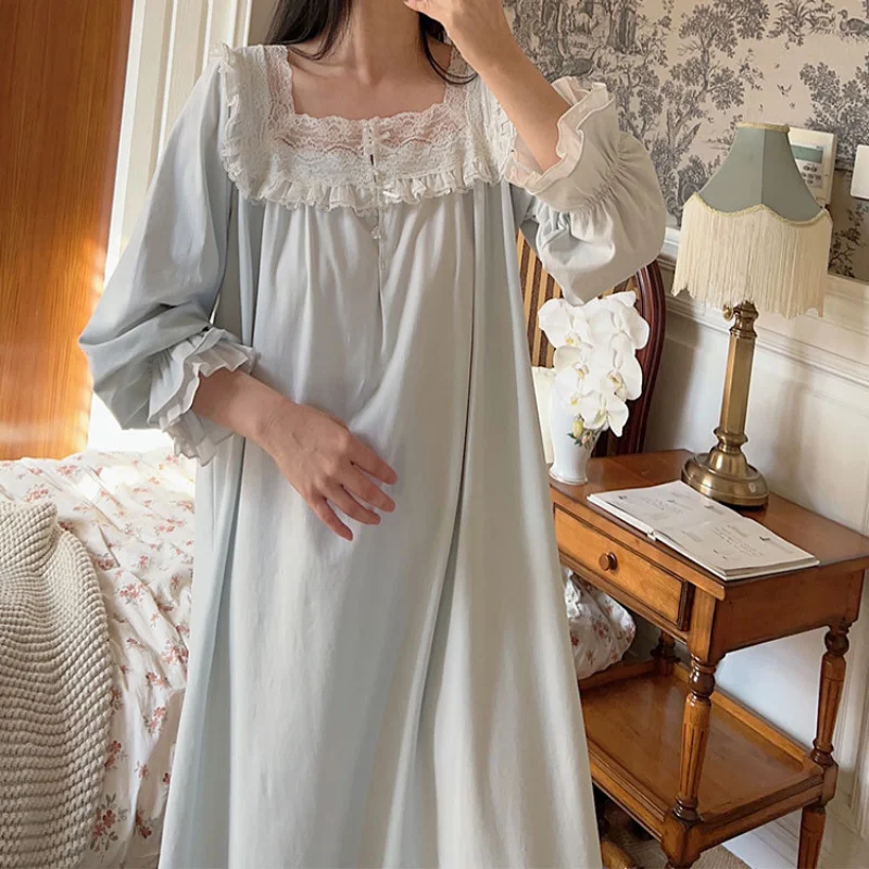 Kadınlar Vintage Pamuk Gecelik Prenses Kıyafeti Peri Dantel Tatlı Uzun Kollu Pijama Gevşek Sabahlık Elbise gece elbisesi Elbisesi