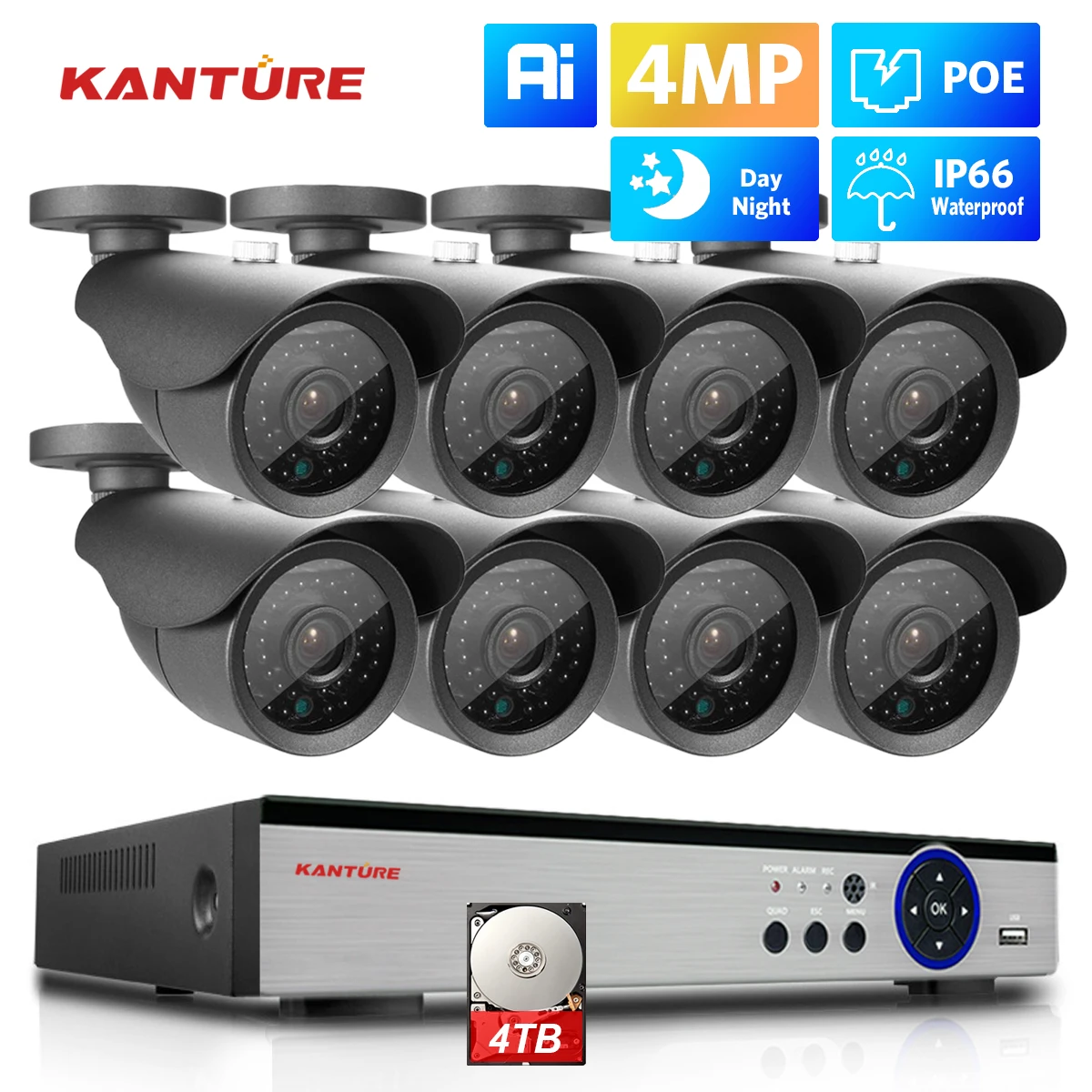 KANTURE 2K CCTV Güvenlik Kamera Sistemi 8CH POE 4MP Aı İnsan Algılama su geçirmez ip kamera Gece Görüş Video Gözetim Kiti