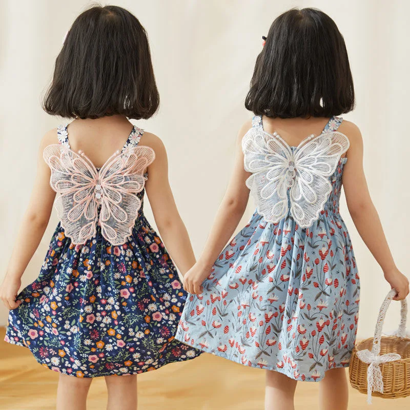 Kelebek Kanatları İşlemeli çiçekli elbiseler Kızlar İçin Yaz Sevimli Küçük Prenses Elbise Doğum Günü Partisi Bebek Çocuk Giysileri 1-7 Yıl