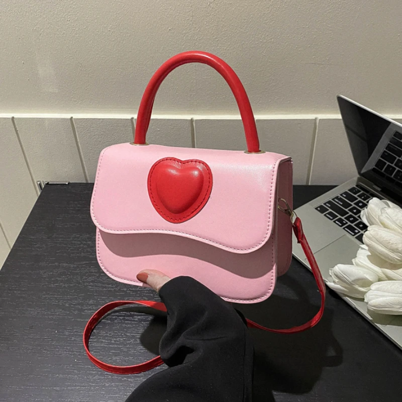 Kontrast Renk Pembe Kalp Çanta Kadın PU Deri Bayan Küçük Kare omuz çantaları Kadın Aşk Çanta askılı çanta