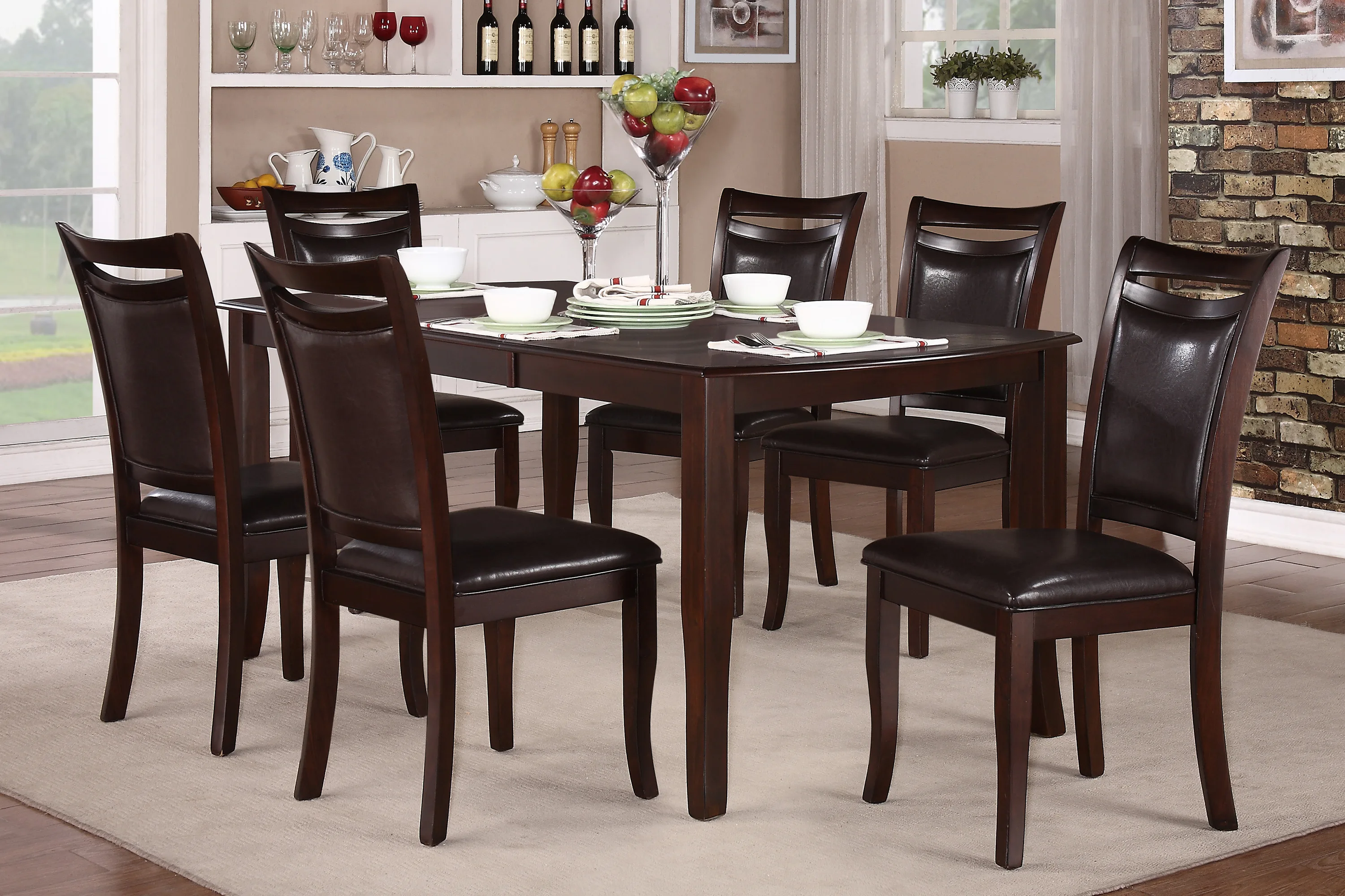 Koyu Kiraz Kaplama Şık Yemek 7 adet Set Masa w Uzatma Yaprağı 6x Yan Sandalyeler Basit Tasarım yemek odası mobilyası