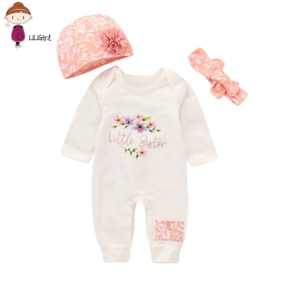 LILIGIRL Yenidoğan Giysileri Bahar Sonbahar Bebek Bebek Kız Erkek Mektup Baskı Romper Tulum Hayvan Bandı Kıyafetler Set