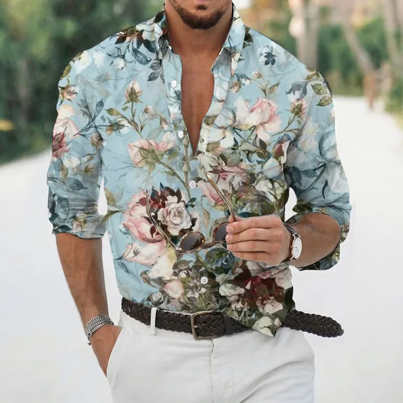 Lüks Hawaii Tropikal Gömlek Erkekler İçin 3d Baskılı Çiçek Uzun Kollu Bluz Plaj Tatil Camisa Boy Üstleri Tee Gömlek Homme