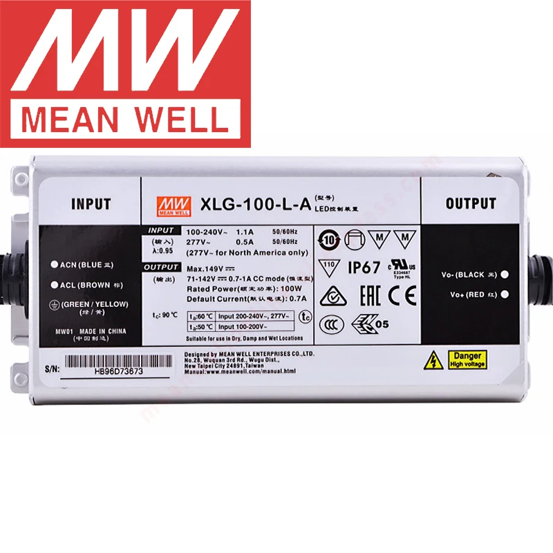 Ortalama Kuyu XLG-100-L-A IP67 Metal Kasa Sokak/Gökdelen / Projektör aydınlatma meanwell 700-1050mA / 71-142 V / 100 W LED Sürücü