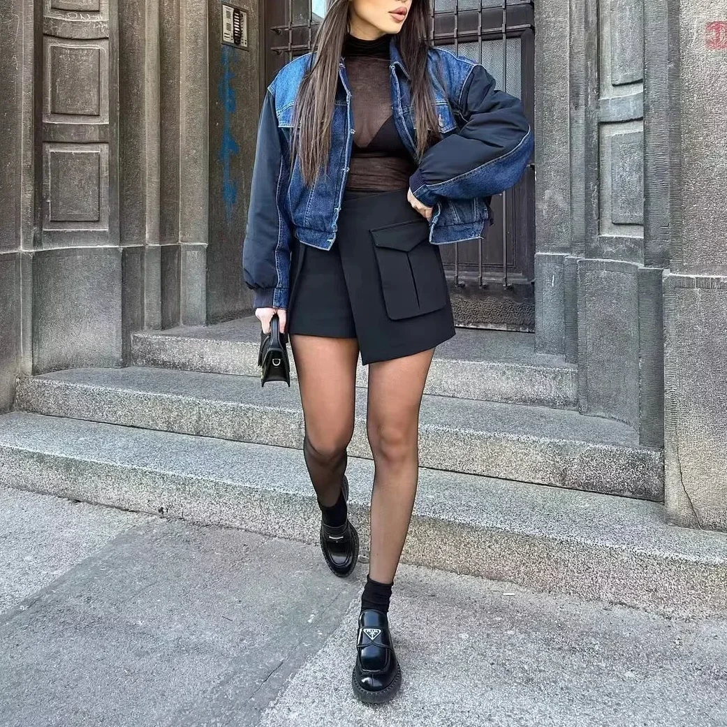 Siyah kadın Şort 2023 Yaz Mini Etek Kore Moda Kargo Skort Yüksek Bel Asimetrik Cep Şık Vintage Casual Retro