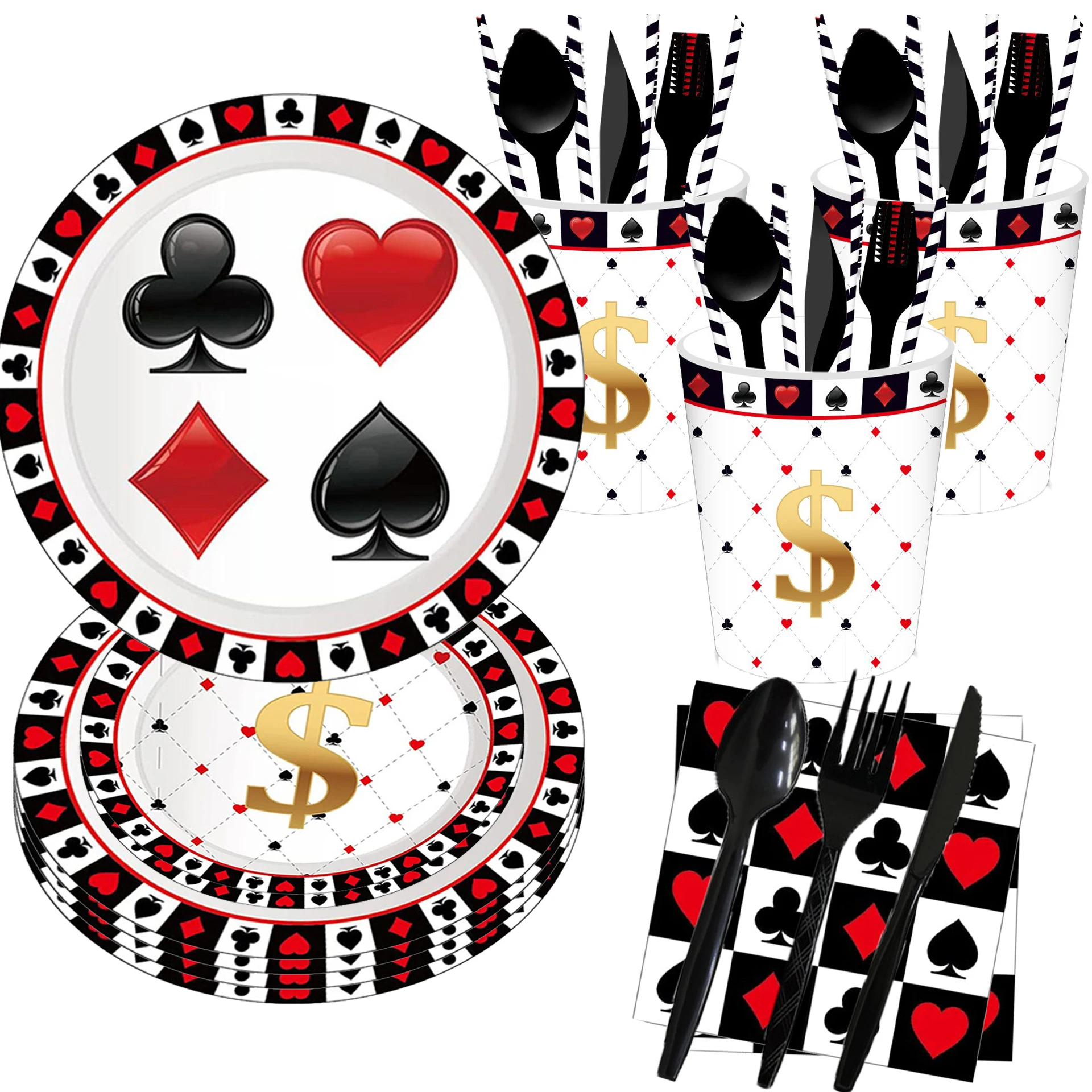 Siyah Kırmızı Kalp Poker Temalı Parti Sihirli Gösterisi Casino Poker Parti Dekorasyon Çocuklar Doğum Günü Partisi Tek Kullanımlık Sofra Malzemeleri