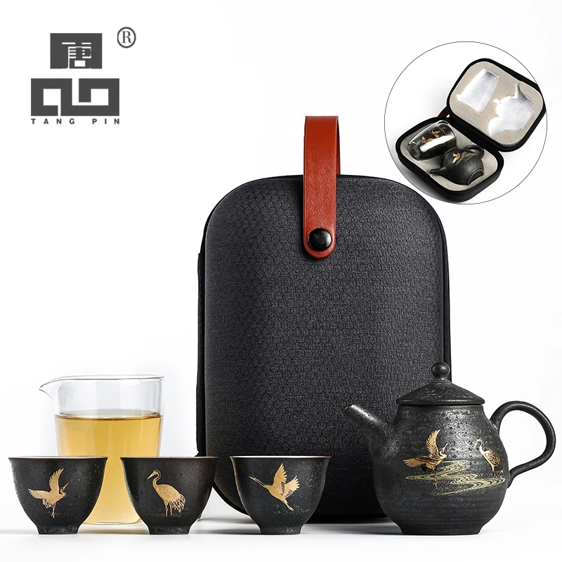 siyah çanak çömlek seramik demlik ile 3 bardak uçan vinç taşınabilir seyahat çay seti drinkware