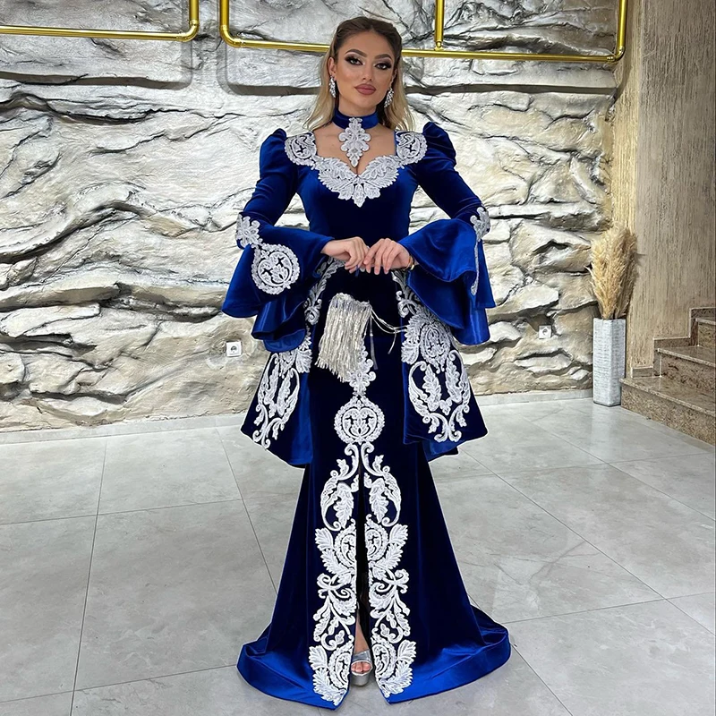Thinyfull Resmi Mermaid Fas Kaftan Abiye Kraliyet Mavi Kadife Dubai Suudi Arapça Akşam Elbise Aplikler Balo Elbise