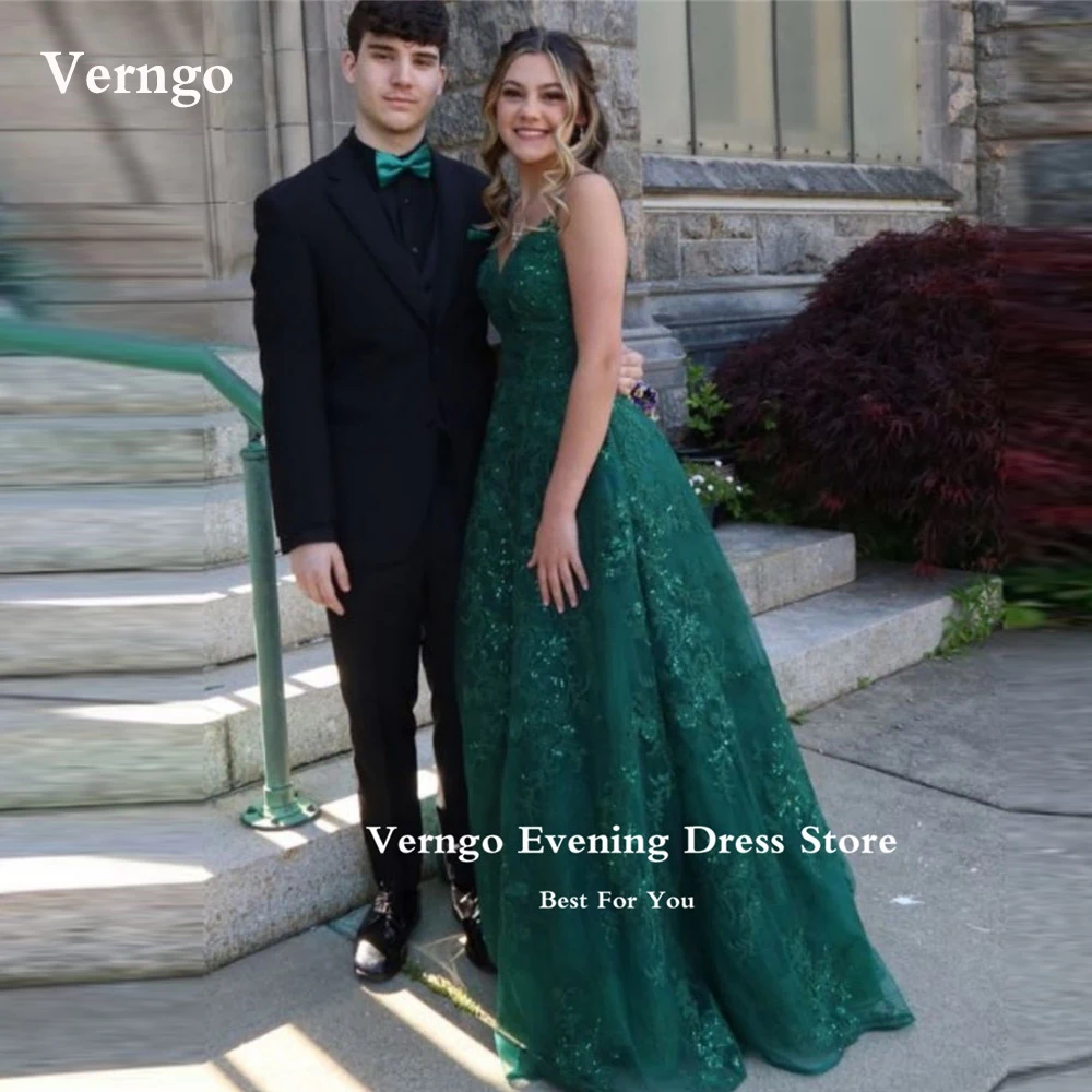 Verngo Sparkly Zümrüt Yeşil Dantel Aplike balo kıyafetleri Spagetti Sapanlar Tül Glitter Artı Boyutu Parti Elbise Resmi gece elbisesi