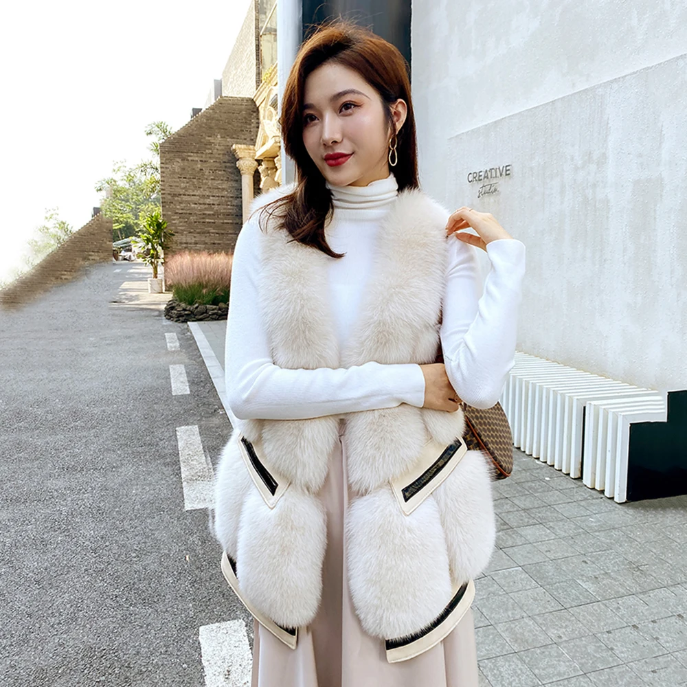 Yeni Gelenler Gerçek Tilki Kürk Gilets Kış Yelek kadın Moda Sıcak Tutmak Kabarık Kolsuz Mont S7878