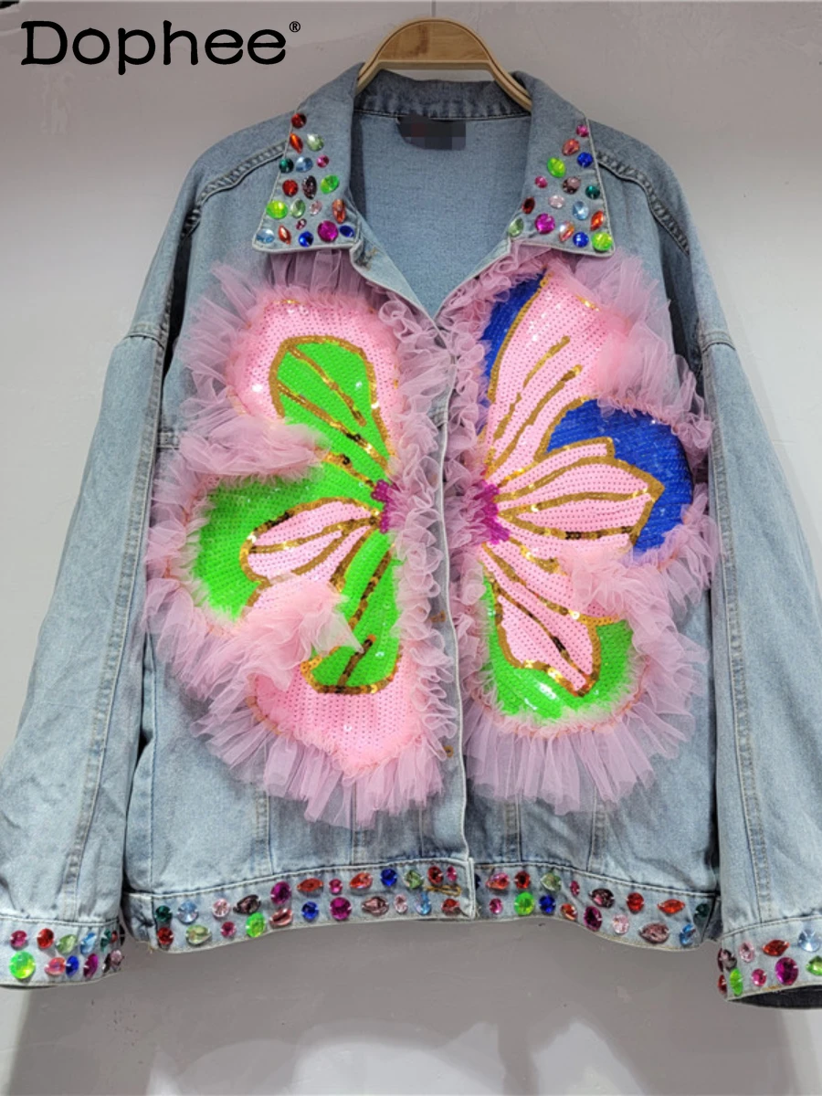 Zarif Rhinestone Payetli Çiçek Dikiş Örgü Gevşek Büyük Boy Kot Ceket kadın 2023 Sonbahar Yeni Giysiler Kot Ceket Ceket