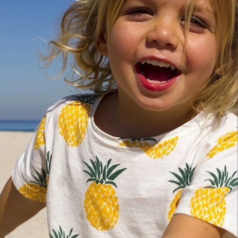 Çocuk Masalları Pamuk Ananas Kız T-shirtt Yaz Karikatür Plaj Giysileri Kısa Kollu Toddler Bebek Baskılı Üst Tee Kızlar İçin