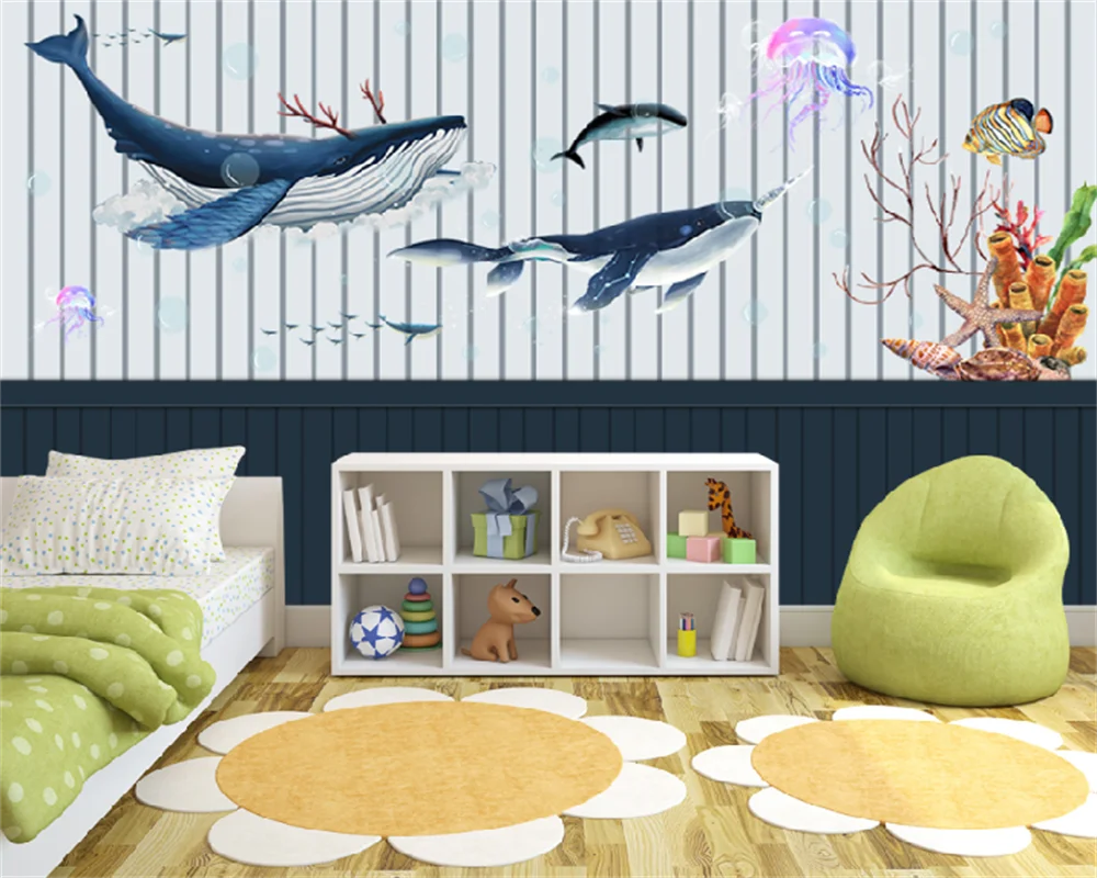 Özel duvar kağıdı İskandinav minimalist el-boyalı karikatür balina okyanus çocuk odası arka plan duvar dekoratif boyama duvar