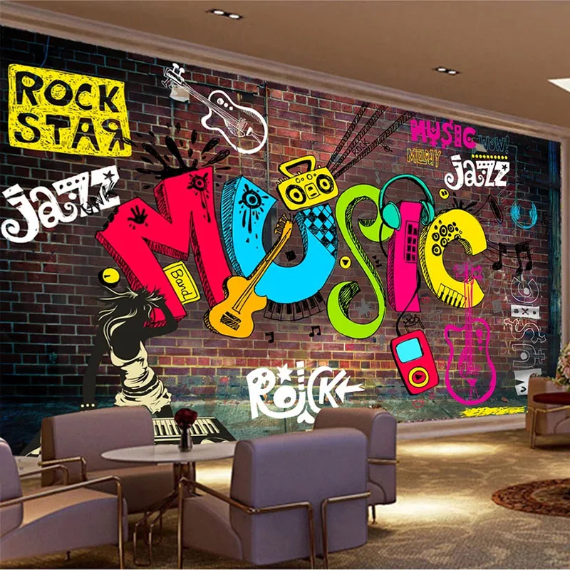 Özel Herhangi Bir Boyut Duvar Kağıdı 3D Serin Graffiti Retro Müzik Harfler Tuğla Duvar Fresk Restoran KTV Bar 3D Su Geçirmez etiket
